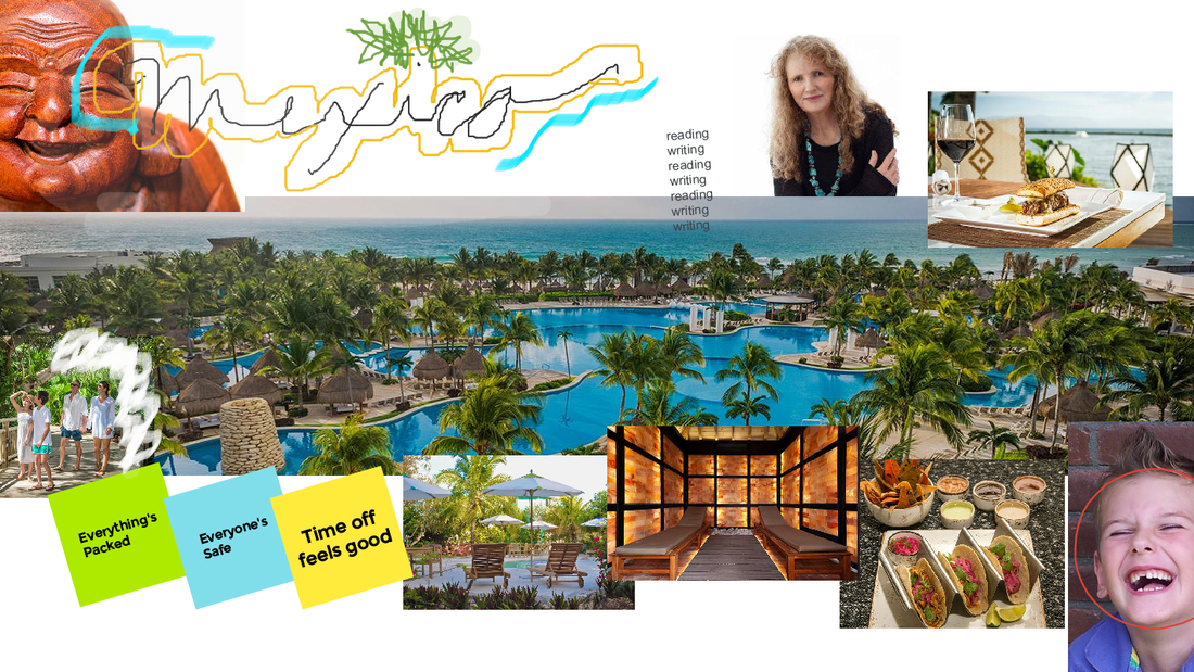 Vision Board of Betsy going to Mexico, large water feature at resort